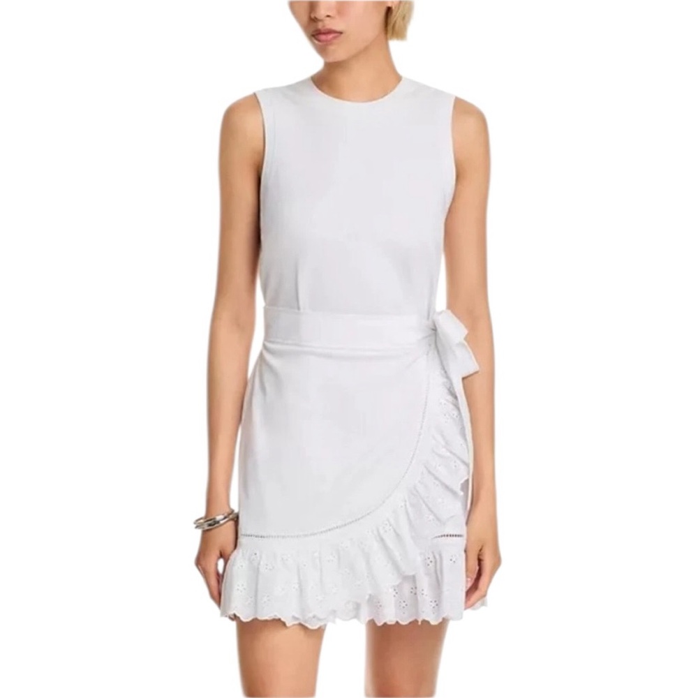 cinq a sept “Mahlia” White Eyelet Detail Ruffle Wrap Mini Dress NWT $325 - Picture 2 of 15